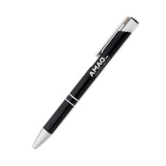 Black ballpoint pen with clip, silver elements, and “AMAG Austria Metall” logo