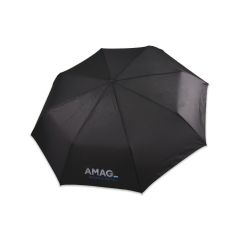 Top view, open black umbrella with AMAG logo on one segment